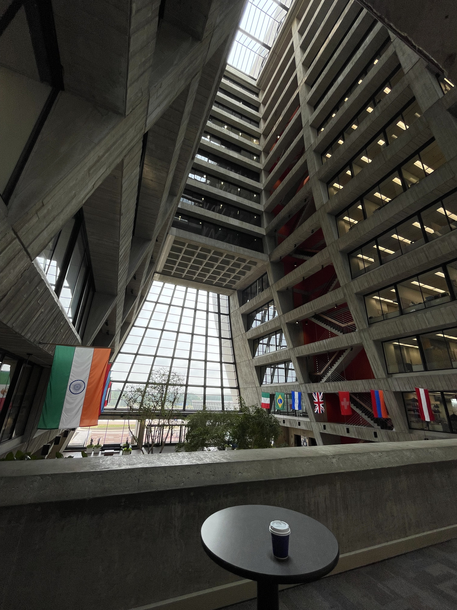 Photo showing the inside of Wilson Hall, showing the space between the two wings and the crossings between them.